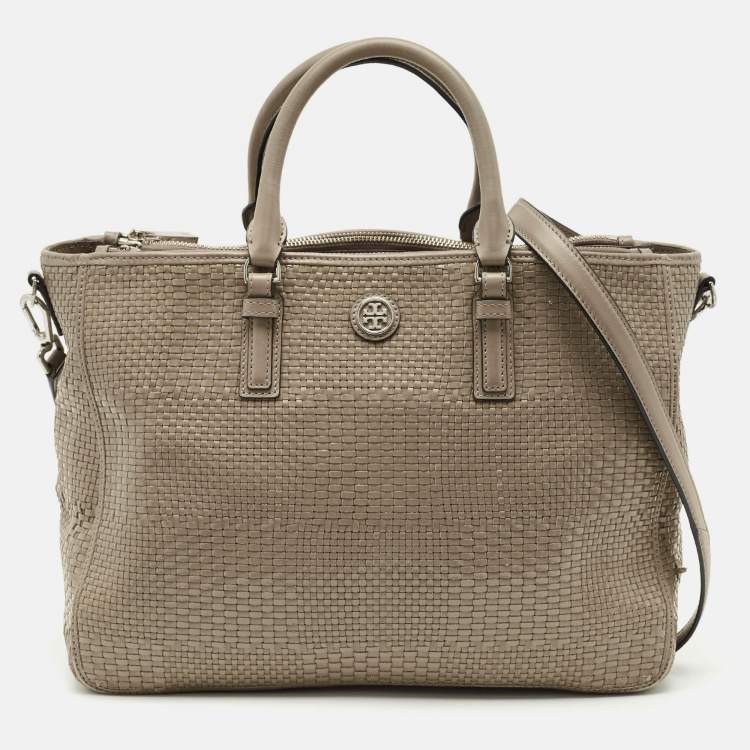 Pre Owned Tory Burch Grey Woven Patent and Leather Robinson Double Zip Tote