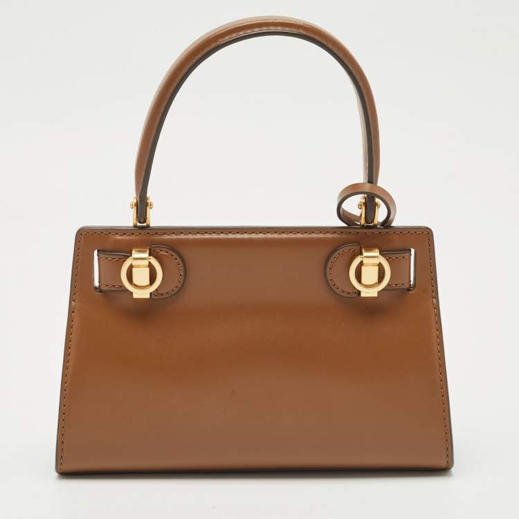 Pre Owned Tory Burch Brown Leather Petite Lee Radziwill Top Handle Bag