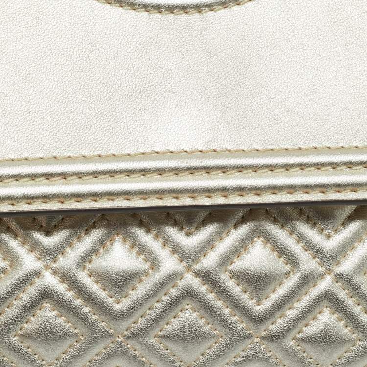 Pre Owned Tory Burch Pale Gold Leather Small Fleming Shoulder Bag