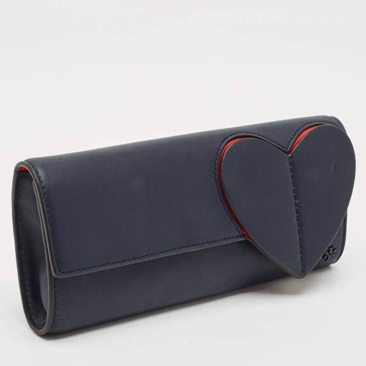 Pre Owned Tory Burch Navy Blue Leather Heart Clutch
