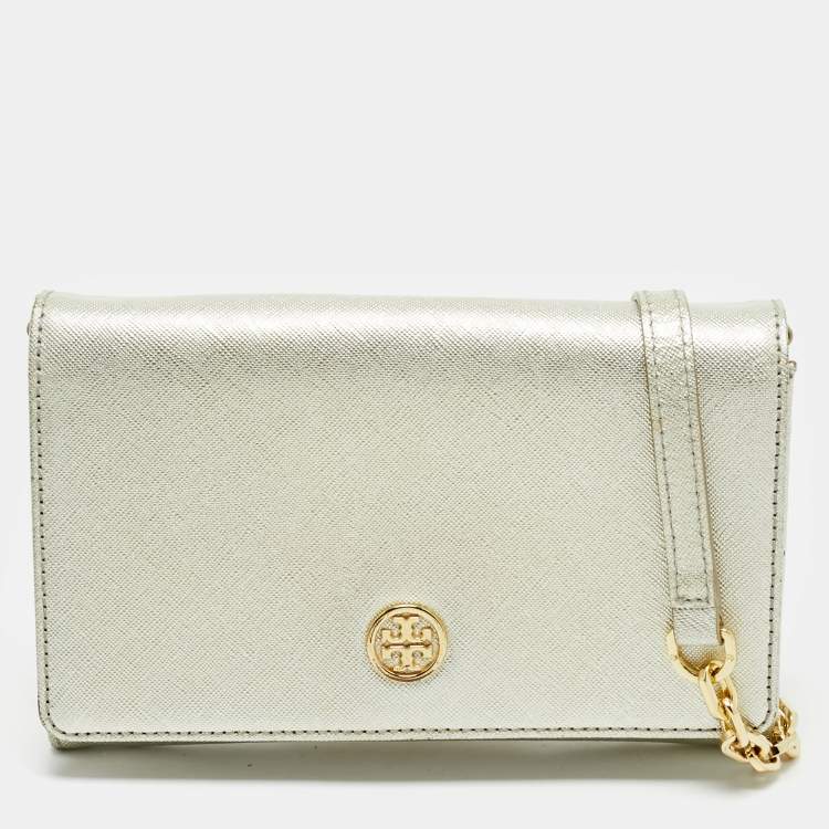Pre Owned Tory Burch Silver Leather Robinson Wallet On Chain