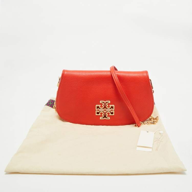 Pre Owned Tory Burch Poppy Red Leather Britten Chain Clutch