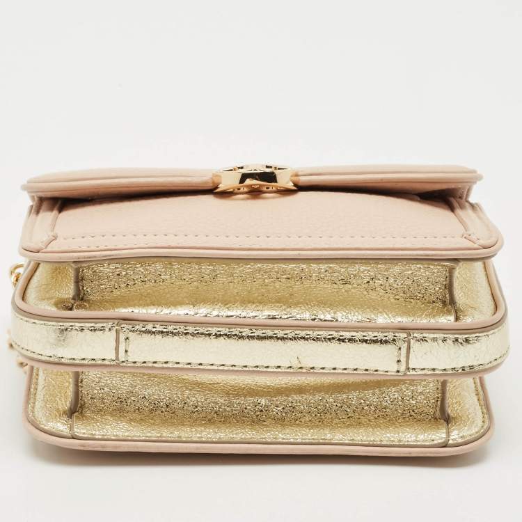 Pre Owned Tory Burch Peach/Gold Leather Duet Chain Shoulder Bag