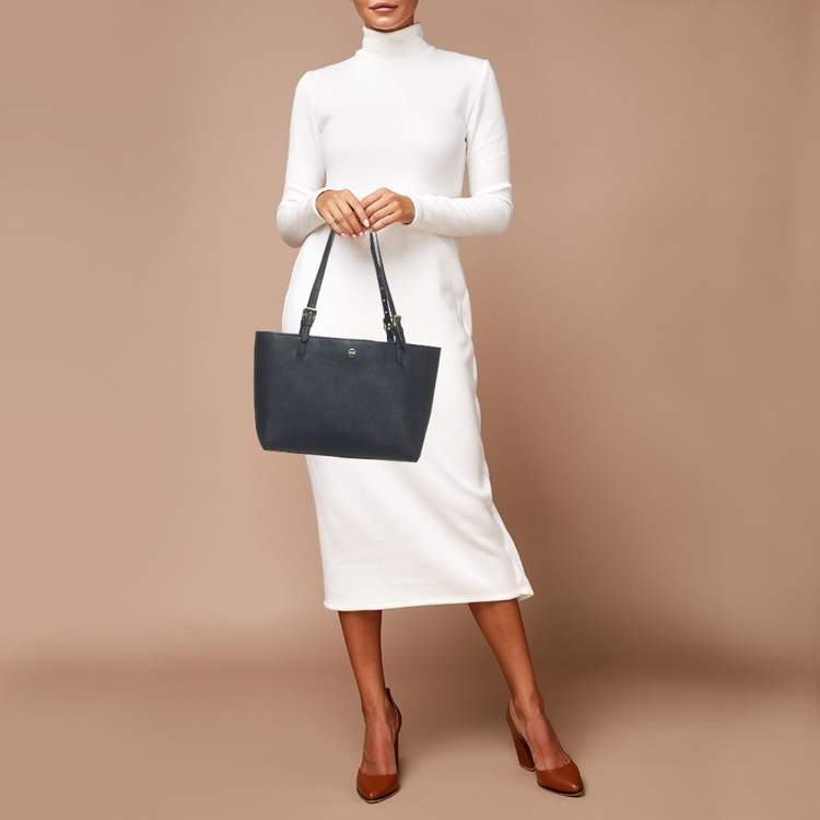 Pre Owned Tory Burch Navy Blue Saffiano Leather York Buckle Tote
