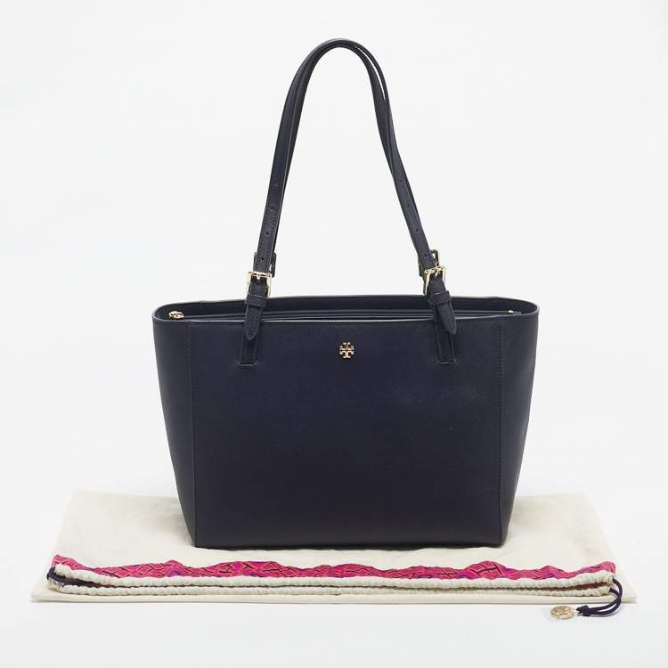 Pre Owned Tory Burch Navy Blue Saffiano Leather York Buckle Tote