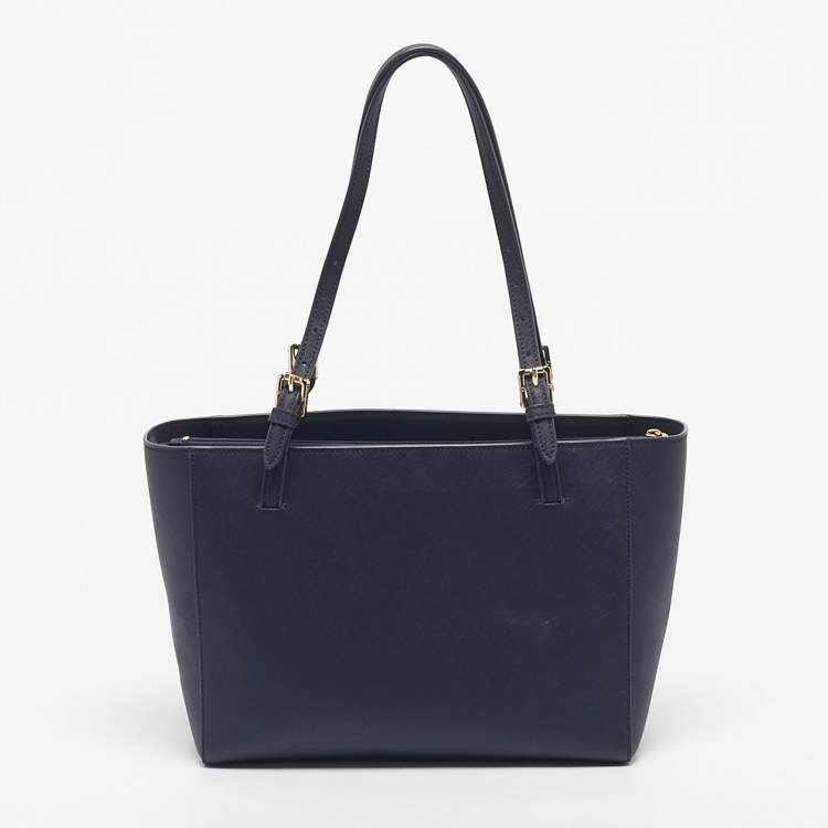 Pre Owned Tory Burch Navy Blue Saffiano Leather York Buckle Tote
