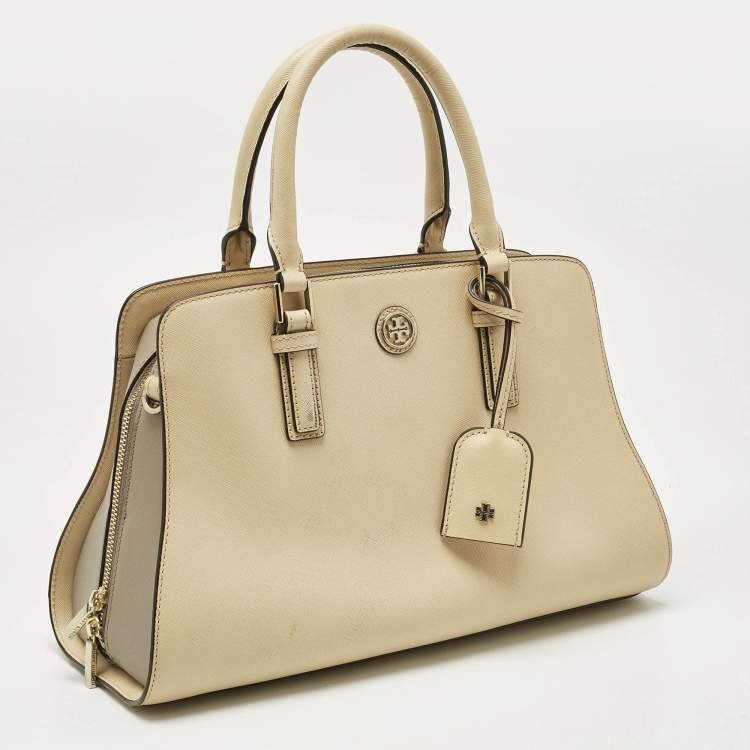 Pre Owned Tory Burch Two Tone Beige Leather Robinson Dome Satchel