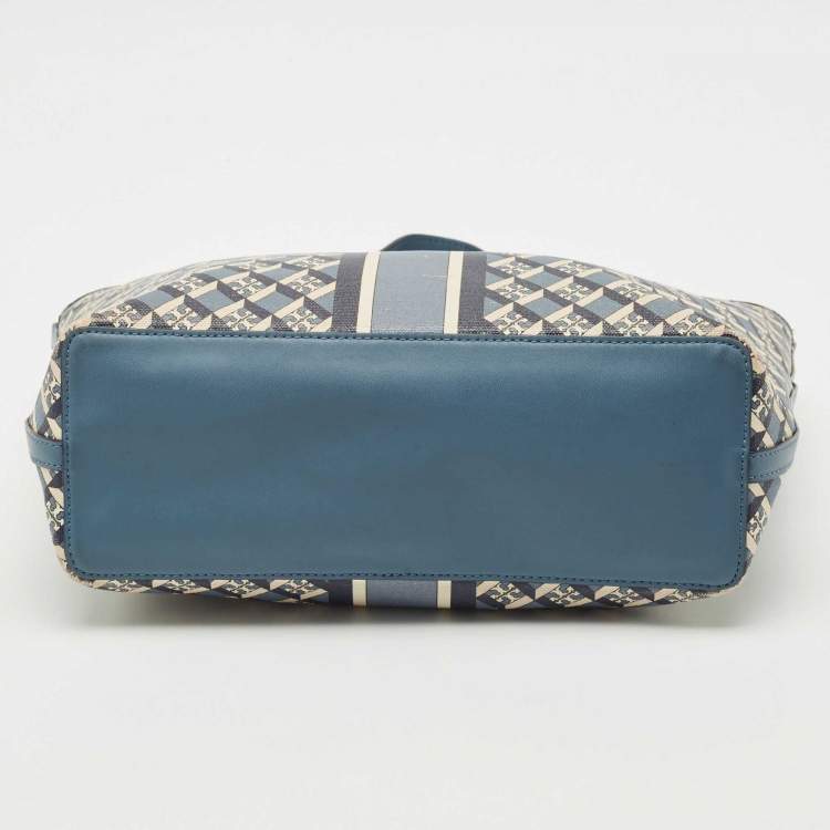 Pre Owned Tory Burch Blue/White Coated Canvas and Leather Geo Logo Allover Tote