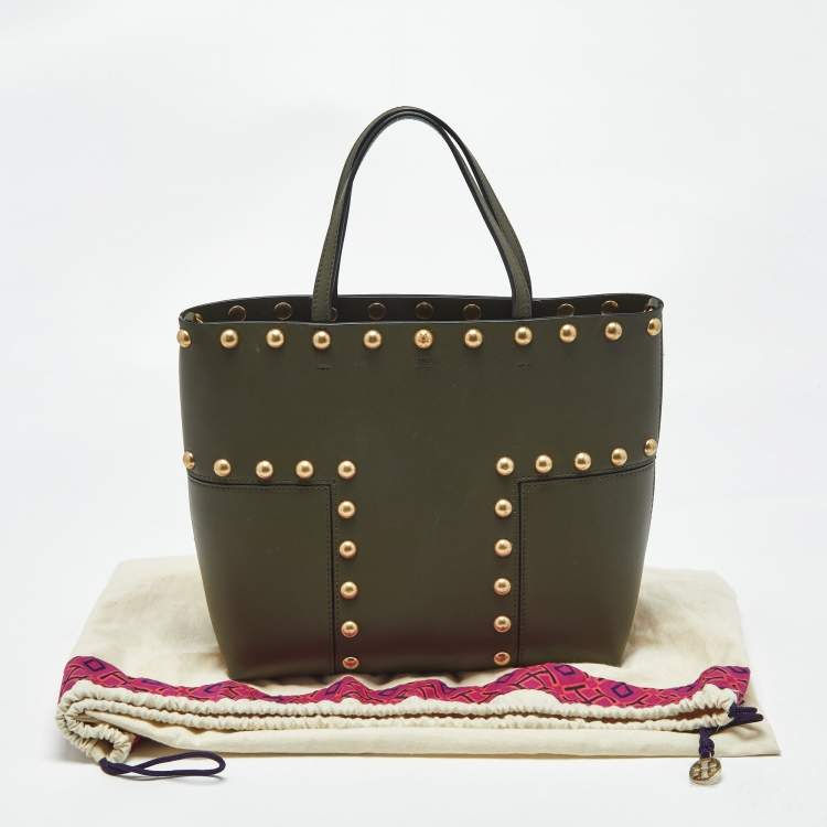 Pre Owned Tory Burch Olive Green Leather Block-T Stud Tote