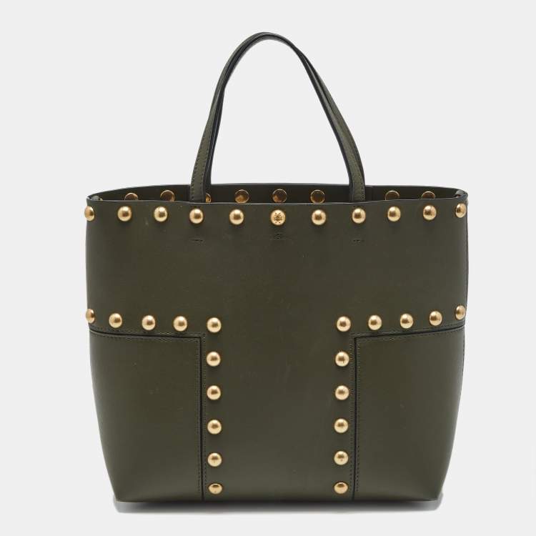 Pre Owned Tory Burch Olive Green Leather Block-T Stud Tote