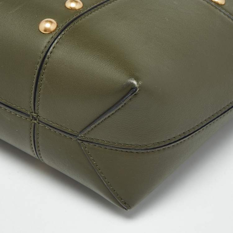 Pre Owned Tory Burch Olive Green Leather Block-T Stud Tote