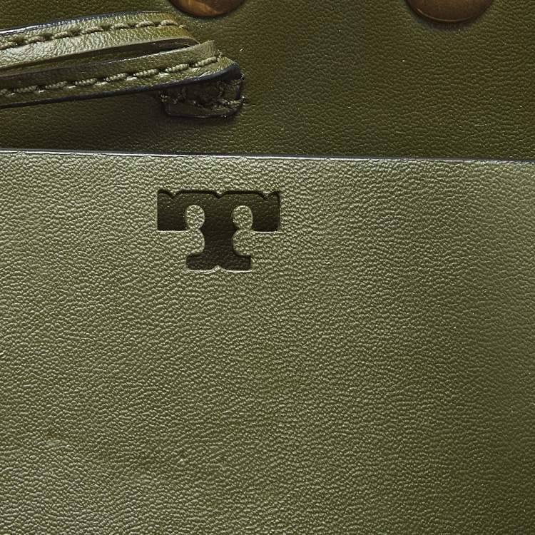 Pre Owned Tory Burch Olive Green Leather Block-T Stud Tote