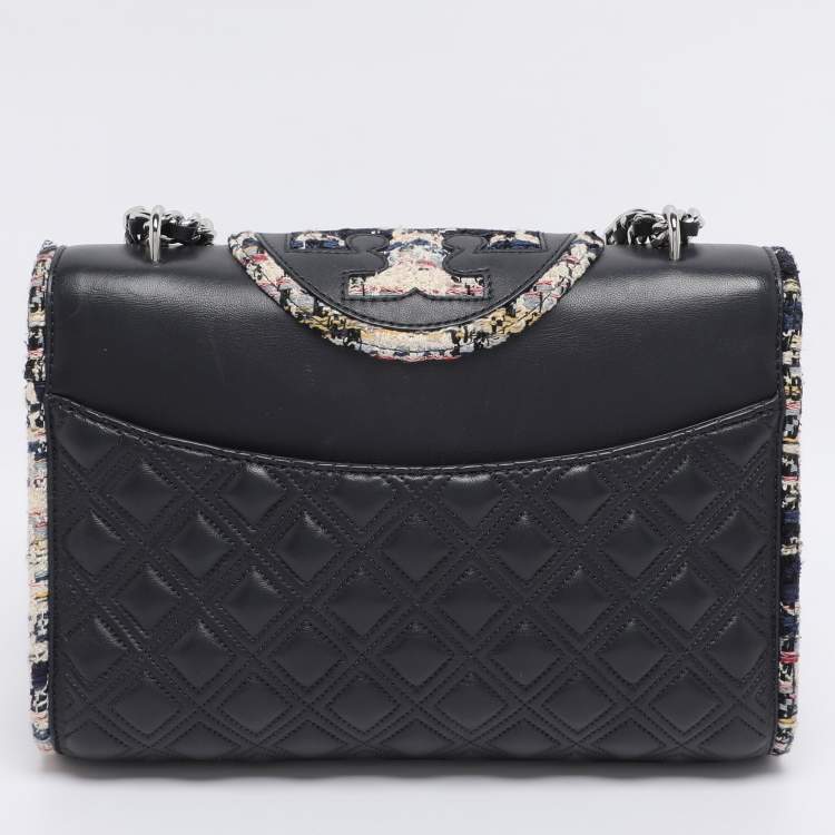 Pre Owned Tory Burch Navy Blue Quilted Leather and Tweed Trim Fleming Shoulder Bag
