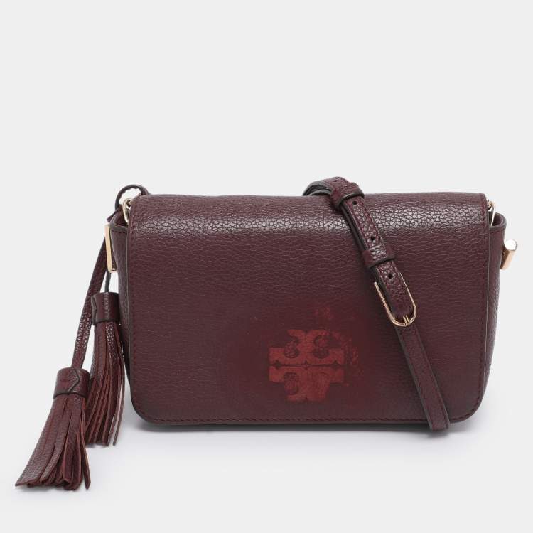 Pre Owned Tory Burch Burgundy Leather Thea Fap Crossbody Bag