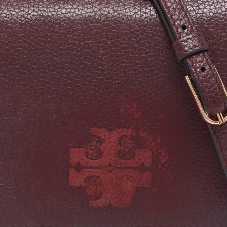 Pre Owned Tory Burch Burgundy Leather Thea Fap Crossbody Bag
