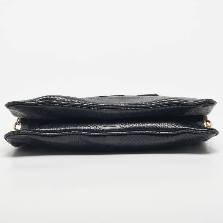 Pre Owned Tory Burch Navy Blue Snakeskin Embossed Leather Reva Flap Shoulder Bag