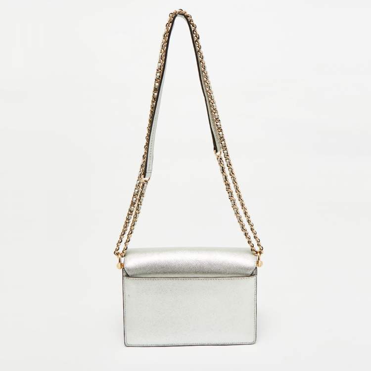 Pre Owned Tory Burch Silver Saffiano Leather Robinson Flap Shoulder Bag