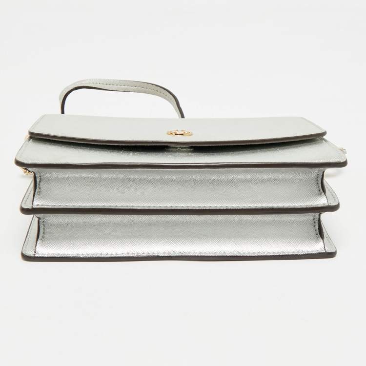 Pre Owned Tory Burch Silver Saffiano Leather Robinson Flap Shoulder Bag