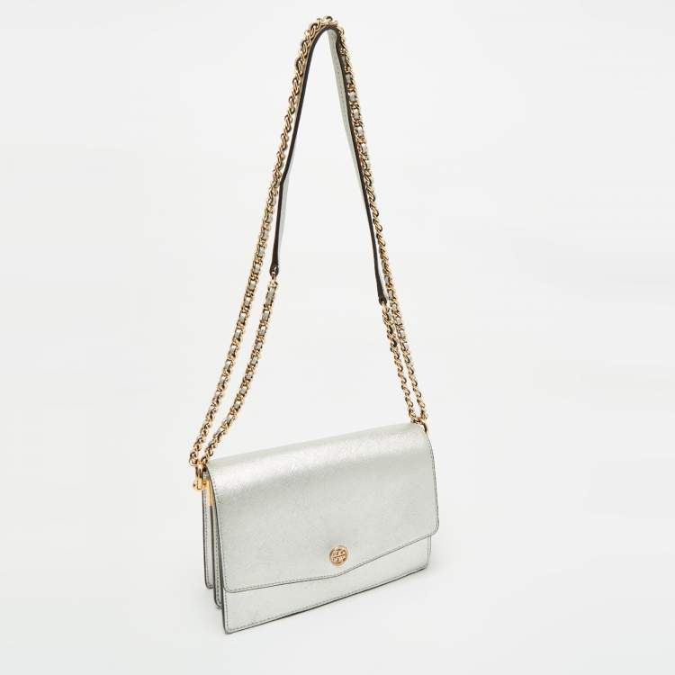 Pre Owned Tory Burch Silver Saffiano Leather Robinson Flap Shoulder Bag