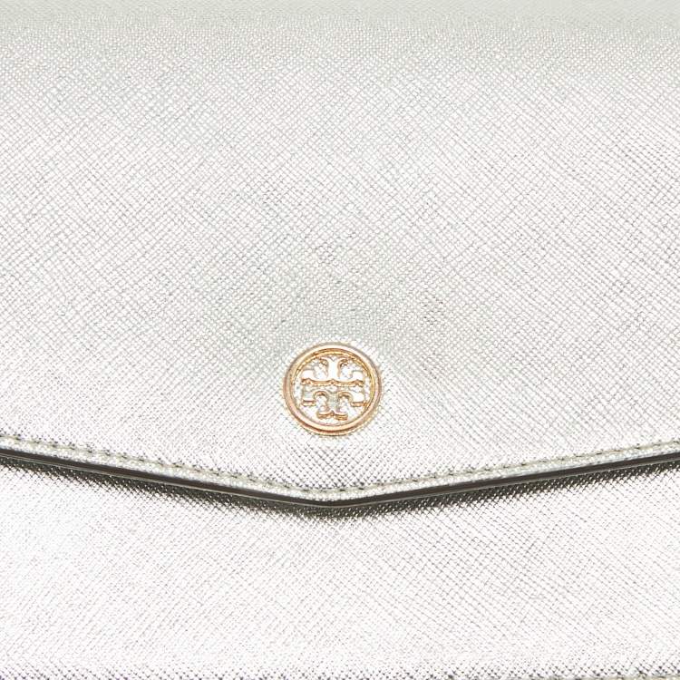 Pre Owned Tory Burch Silver Saffiano Leather Robinson Flap Shoulder Bag