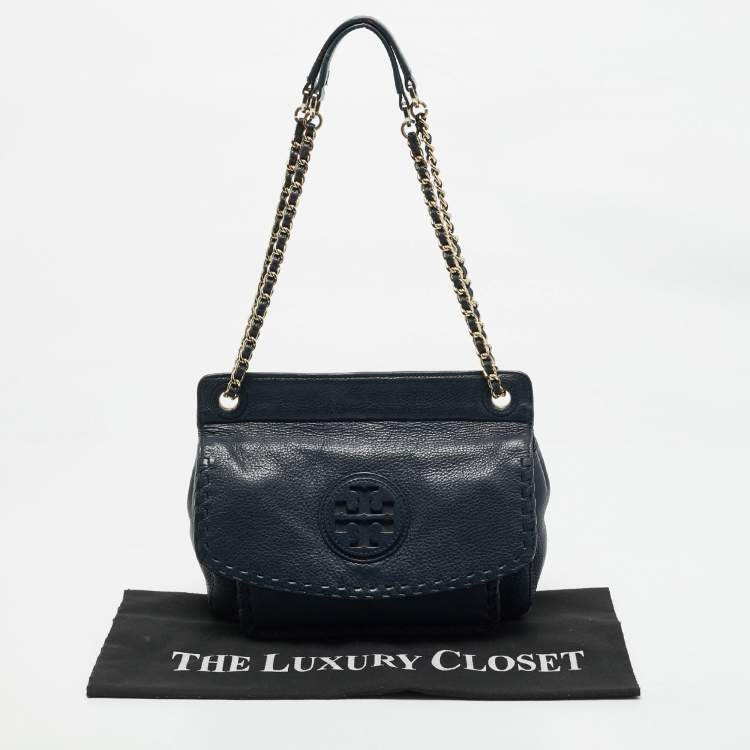 Pre Owned Tory Burch Navy Blue Leather Marion Shoulder Bag