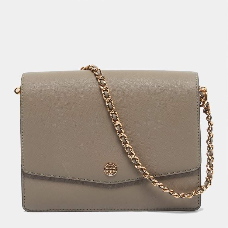 Pre Owned Tory Burch Grey Leather Robinson Flap Shoulder Bag 