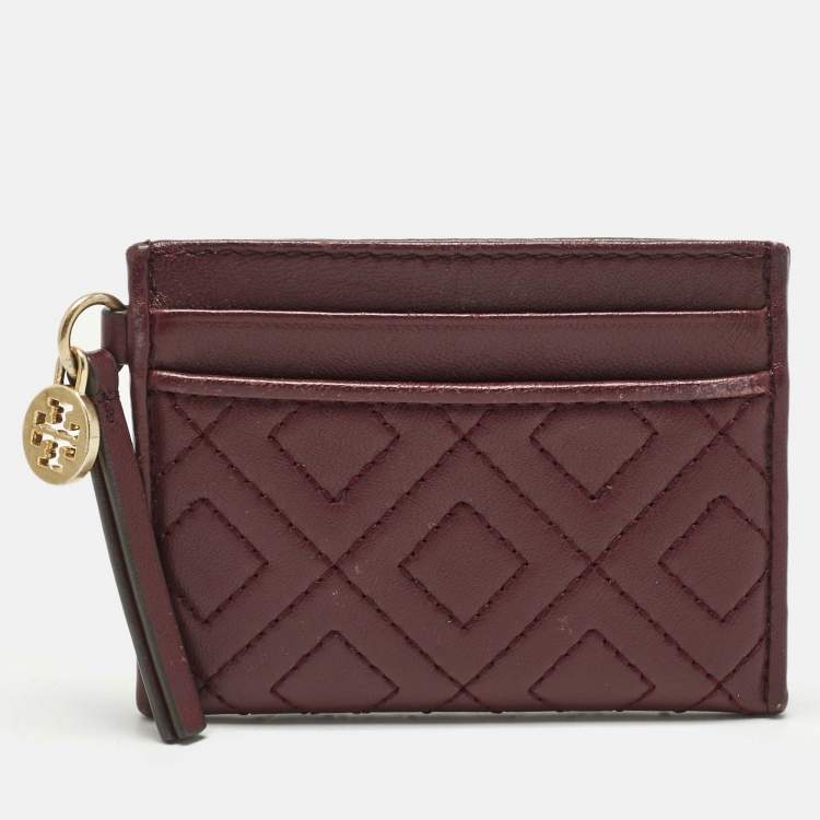 Pre Owned Tory Burch Burgundy Quilted Leather Fleming Card Holder