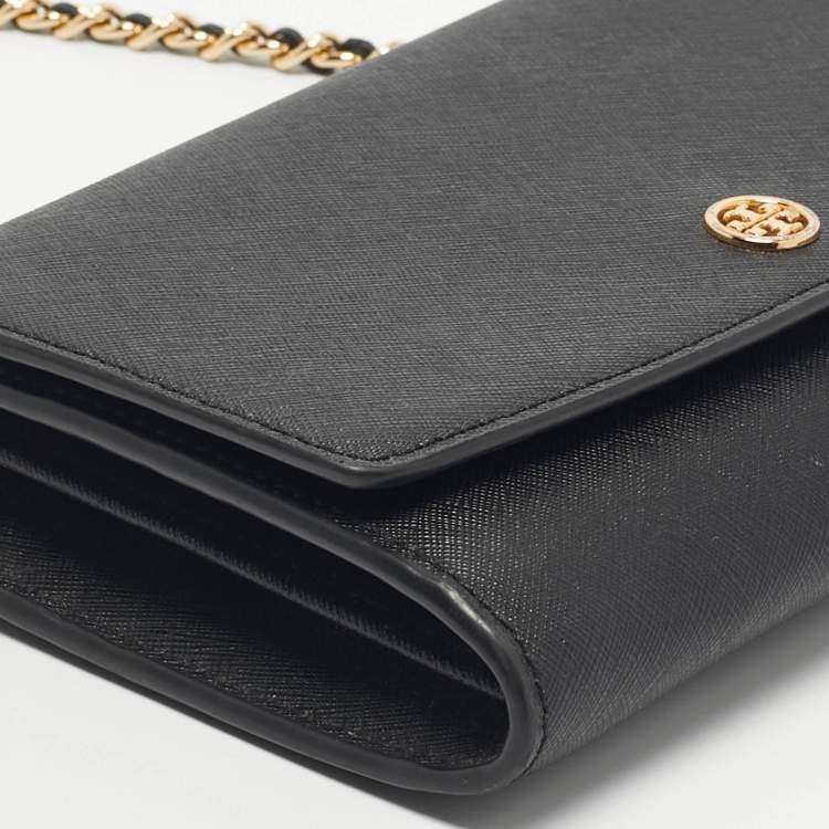 Pre Owned Tory Burch Black Leather Robinson Flap Chain Clutch Bag