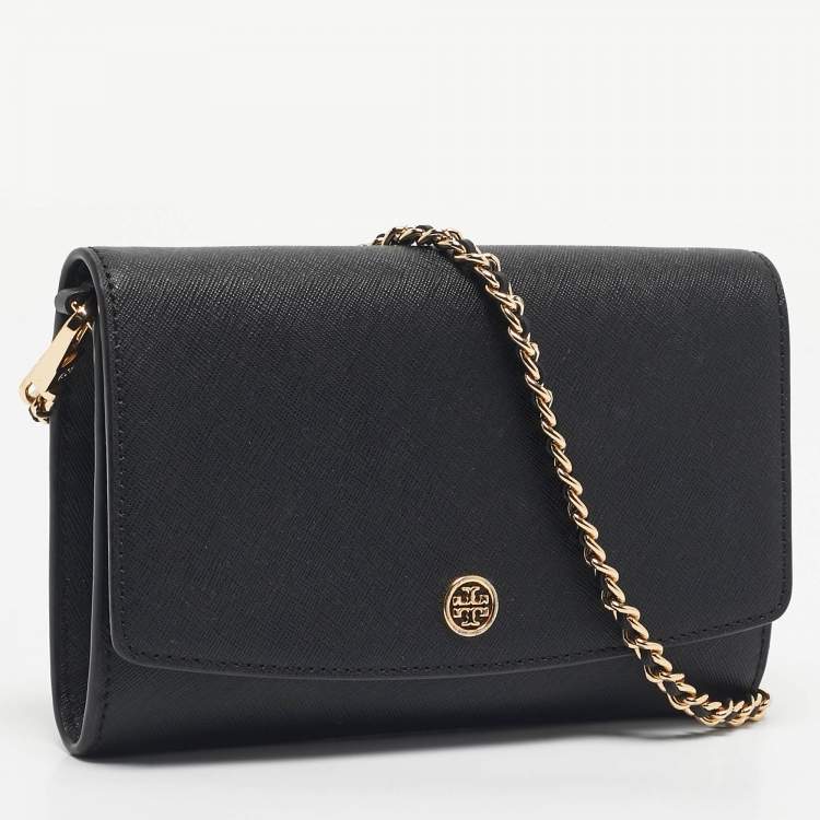 Pre Owned Tory Burch Black Leather Robinson Flap Chain Clutch Bag
