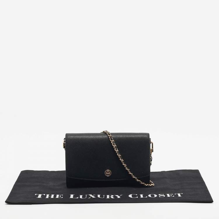 Pre Owned Tory Burch Black Leather Robinson Flap Chain Clutch Bag