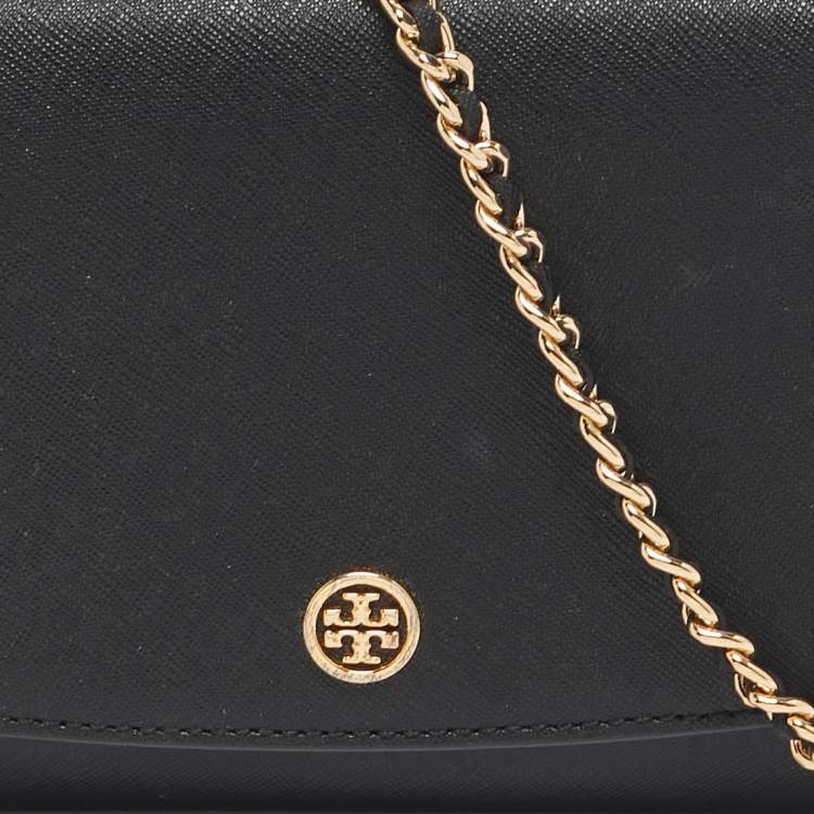 Pre Owned Tory Burch Black Leather Robinson Flap Chain Clutch Bag