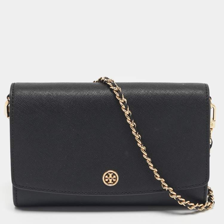 Pre Owned Tory Burch Black Leather Robinson Flap Chain Clutch Bag