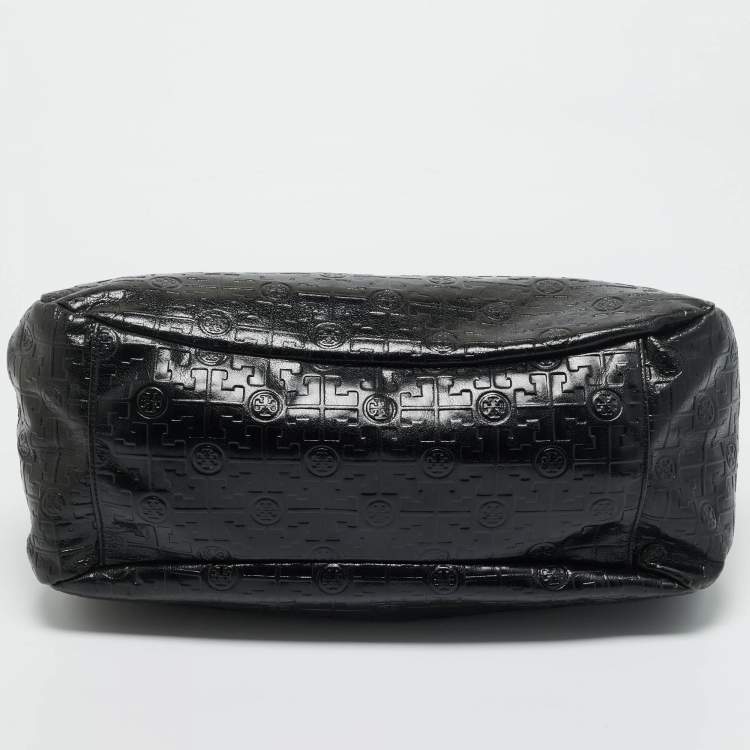 Pre Owned Tory Burch Black Logo Embossed Leather Dafina Hobo