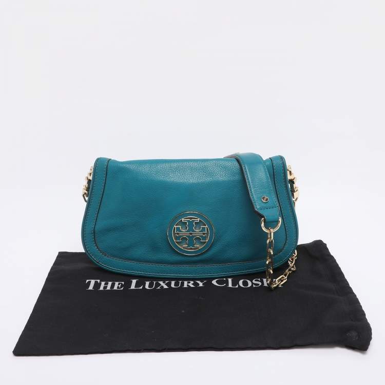 Pre Owned Tory Burch Teal Green Leather Amanda Crossbody Bag