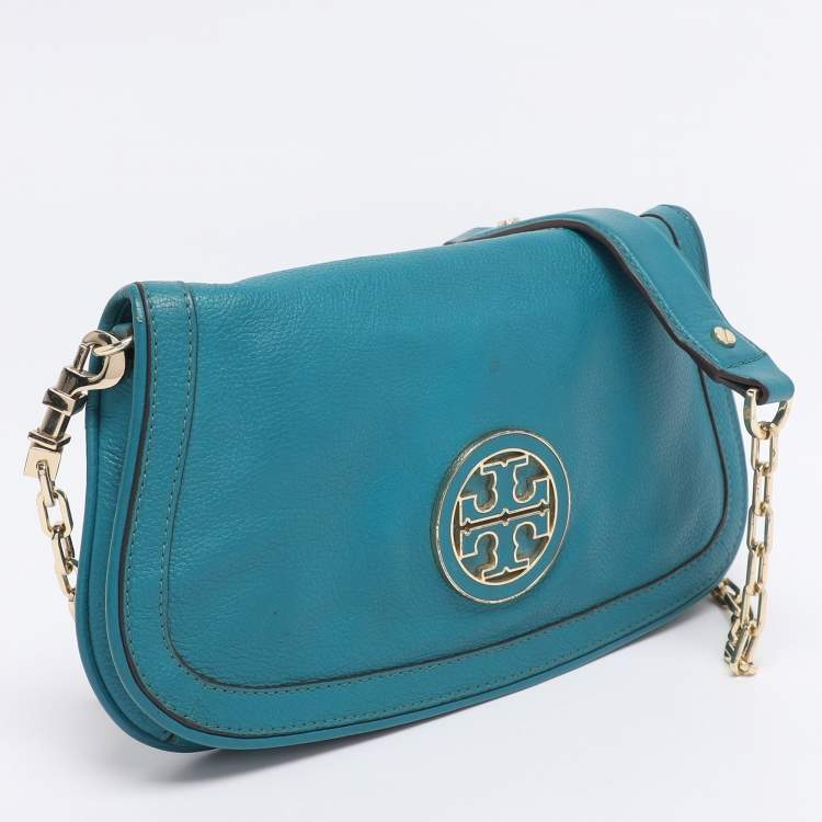 Pre Owned Tory Burch Teal Green Leather Amanda Crossbody Bag