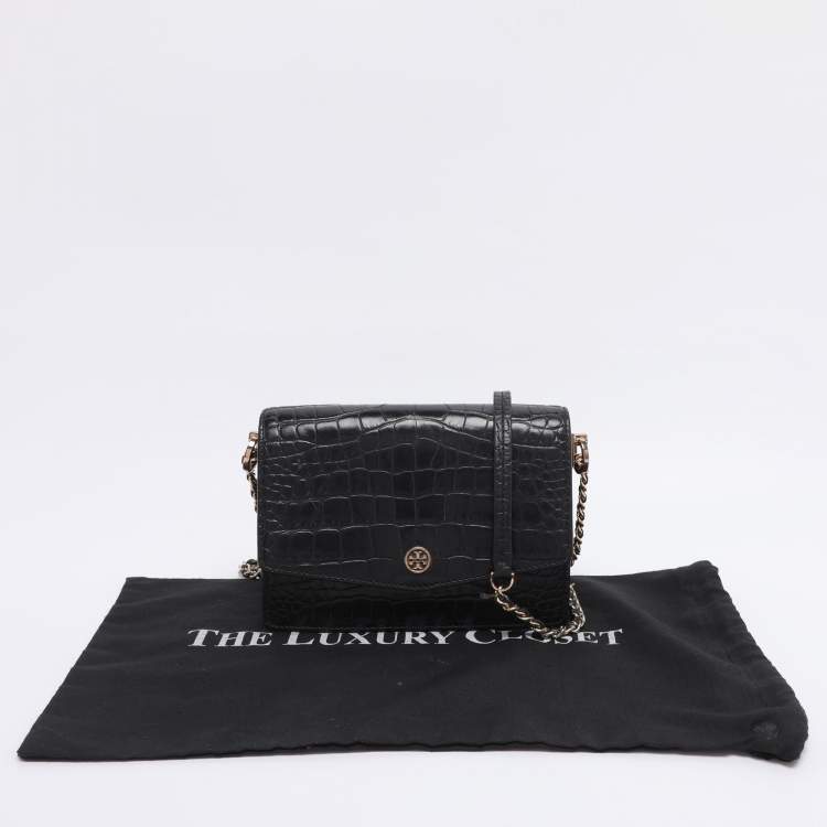Pre Owned Tory Burch Black Croc Embossed Leather Emerson Crossbody Bag