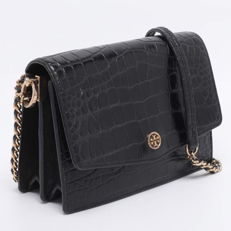 Pre Owned Tory Burch Black Croc Embossed Leather Emerson Crossbody Bag