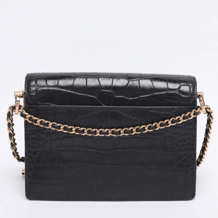 Pre Owned Tory Burch Black Croc Embossed Leather Emerson Crossbody Bag