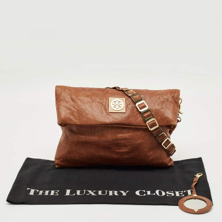 Pre Owned Tory Burch Brown Textured Leather Louisa Messenger Bag
