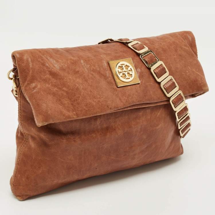 Pre Owned Tory Burch Brown Textured Leather Louisa Messenger Bag