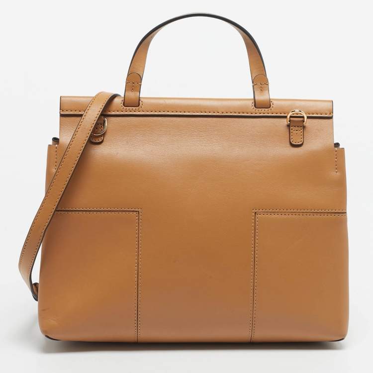 Pre Owned Tory Burch Beige Leather Block T Top Handle Bag