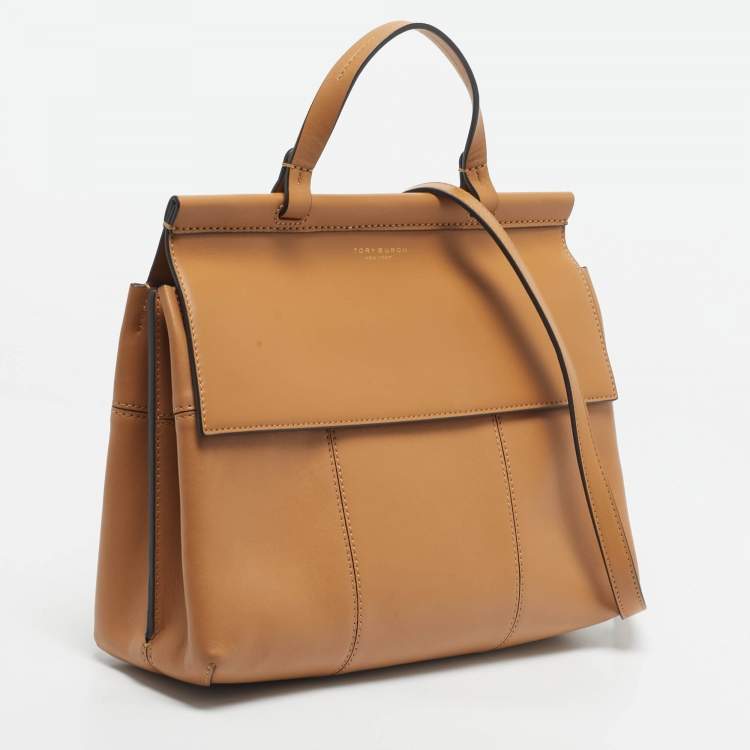 Pre Owned Tory Burch Beige Leather Block T Top Handle Bag