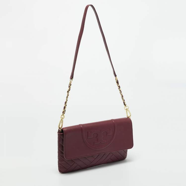 Pre Owned Tory Burch Burgundy Leather Alexa Chain Flap Clutch