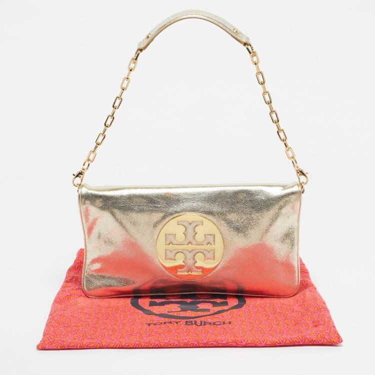 Pre Owned Tory Burch Gold Leather Reva Chain Clutch