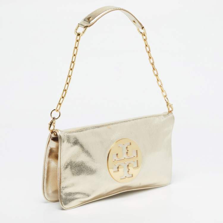 Pre Owned Tory Burch Gold Leather Reva Chain Clutch