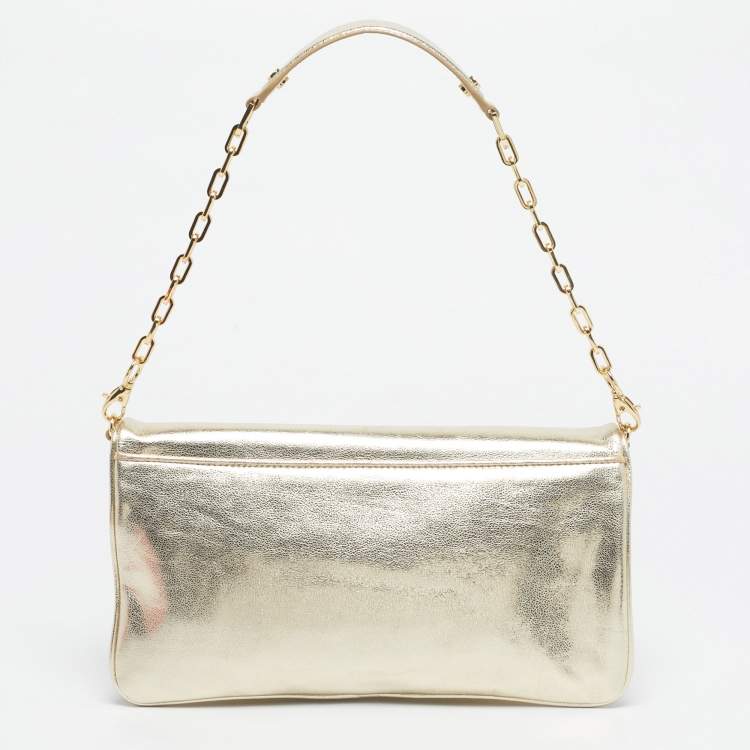 Pre Owned Tory Burch Gold Leather Reva Chain Clutch