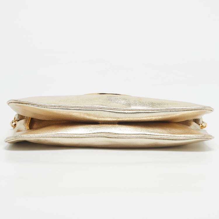 Pre Owned Tory Burch Gold Leather Reva Chain Clutch