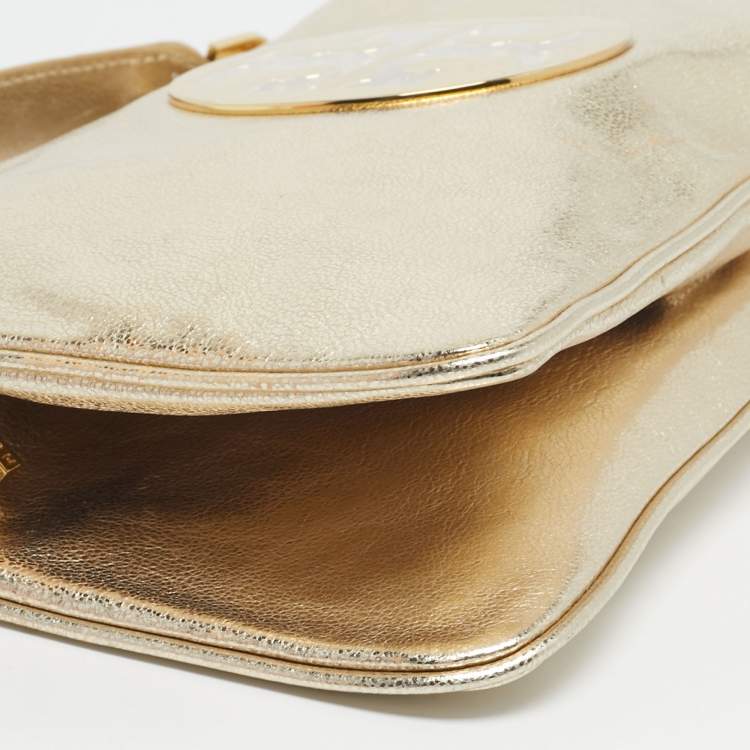 Pre Owned Tory Burch Gold Leather Reva Chain Clutch