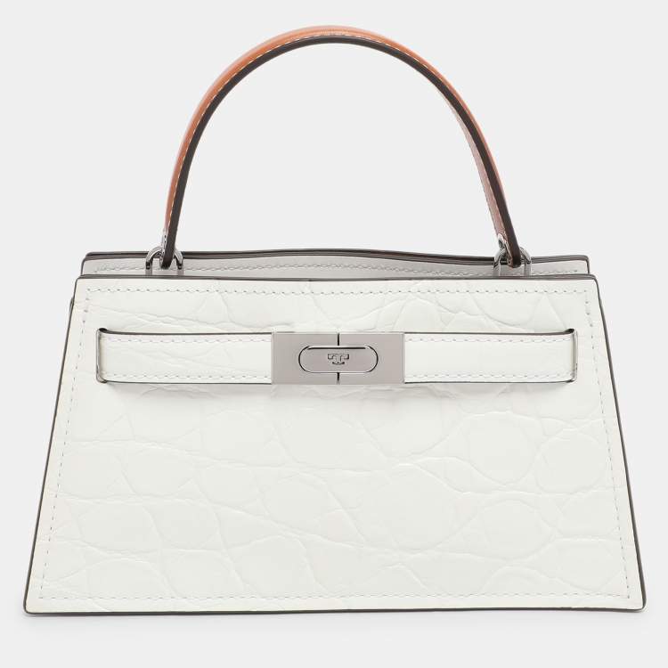 Pre Owned Tory Burch White  Croc Embossed Leather Lee Radziwill Top Handle Bag