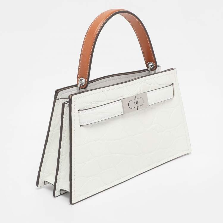Pre Owned Tory Burch White  Croc Embossed Leather Lee Radziwill Top Handle Bag